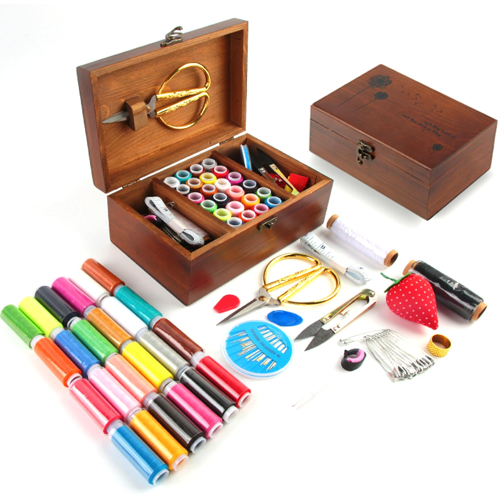 WANDGU Set di 37 scatole in legno con kit di cucito di base e accessori di alta qualità