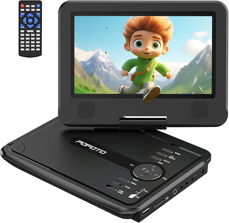 Reproductor de DVD portátil de 9,5" para niños y auto con pantalla giratoria de 7,5", tiempo de trabajo de 4 a 6 horas, reproductor de DVD para auto con parlantes duales, control remoto, soporte de sincronización de TV, USB/SD/AV sin región, negro