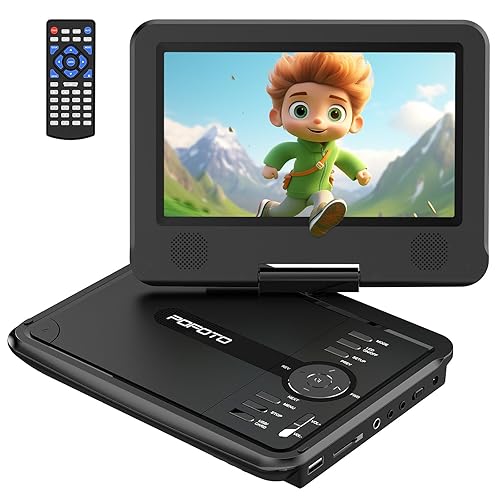 POFOTO 9.5" Portable DVD Player for Kids and Car with 7.5" Swivel Screen, 4-6 Hour Working Time, Car DVD Player with Dual Speakers, Remote Control, Support Sync TV, Region Free USB/SD/AV- Black