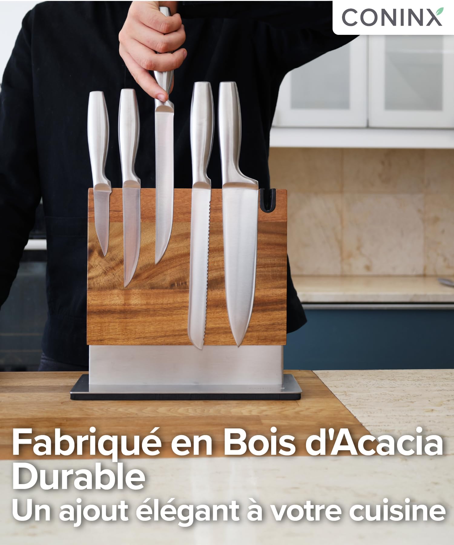 Coninx Bloc à Couteaux Magnétique avec Aiguiseur intégré – Porte-couteaux Aimanté Double Face en Bois d’Acacia – Support universel avec Base Antidérapante pour Plan de Travail de Cuisine