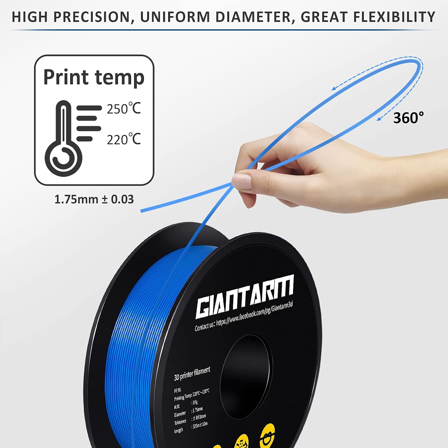 PETG Filament,3D Printer Filament,GIANTARM PETG Filament 1.75mm,Dimensional Accuracy +/- 0.02mm, 1kg,Blue - Image 3