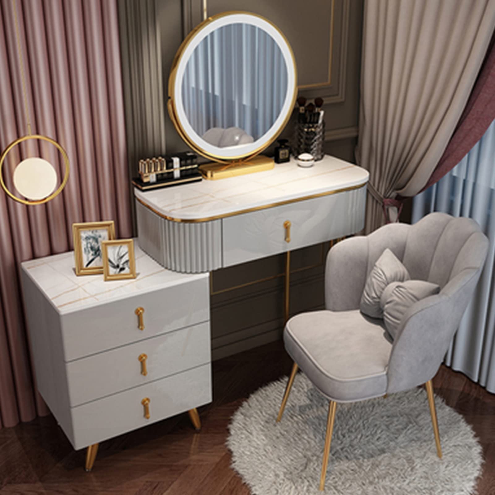 asdchZen Modern Vanity Desk With 360°Swivel Mirror, Makeup Table With Drawers & Nightstand, Adjustable Brightness & 3 Color Modes, Stylish Dressing Table,Gray B-80cm/31.4in