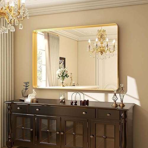 Vista 147 de Espejo de baño dorado de 30 x 22 pulgadas para pared, marco de aleación de aluminio, espejo rectangular montado en la pared para decoración