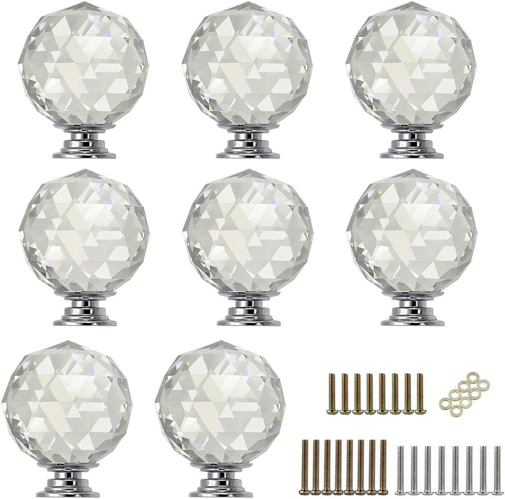 Sumnacon 8 Pcs 1.6 Inch Clear Crystal Glass Door Knobs, Round Diamond Wardrobe Doorknob/Crystal Drawer Knobs/Cabinet Cupboard Pull Knobs/Door Pull Handle with Screws with 3 Kinds Screws