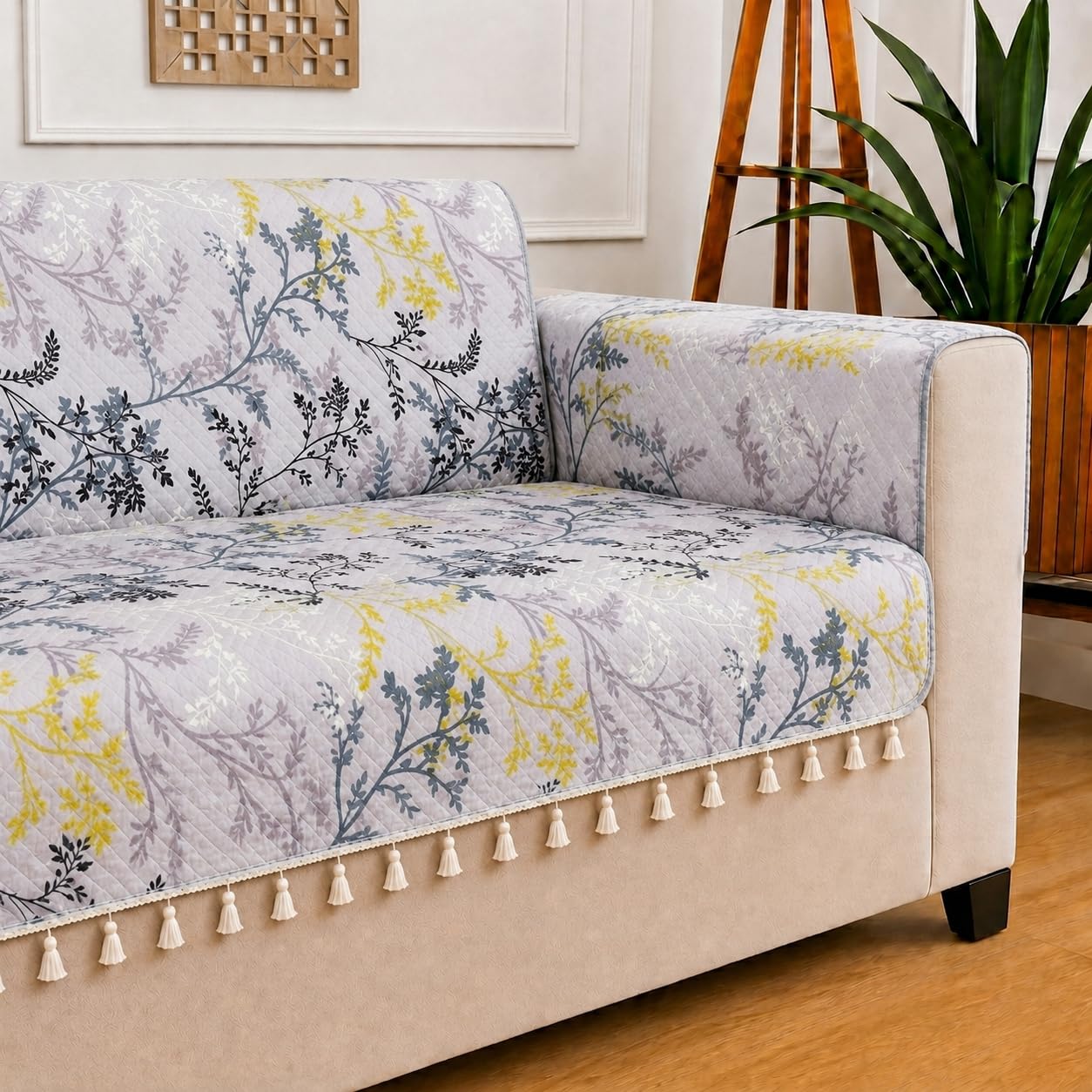 STITCHNEST 'Frostvine Collection' 2 Seater Sofa Cover | Full Coverage with Armrest Pockets | Cotton Quilted Fabric, Decorative Tassels, Washable & Durable for Modern Living