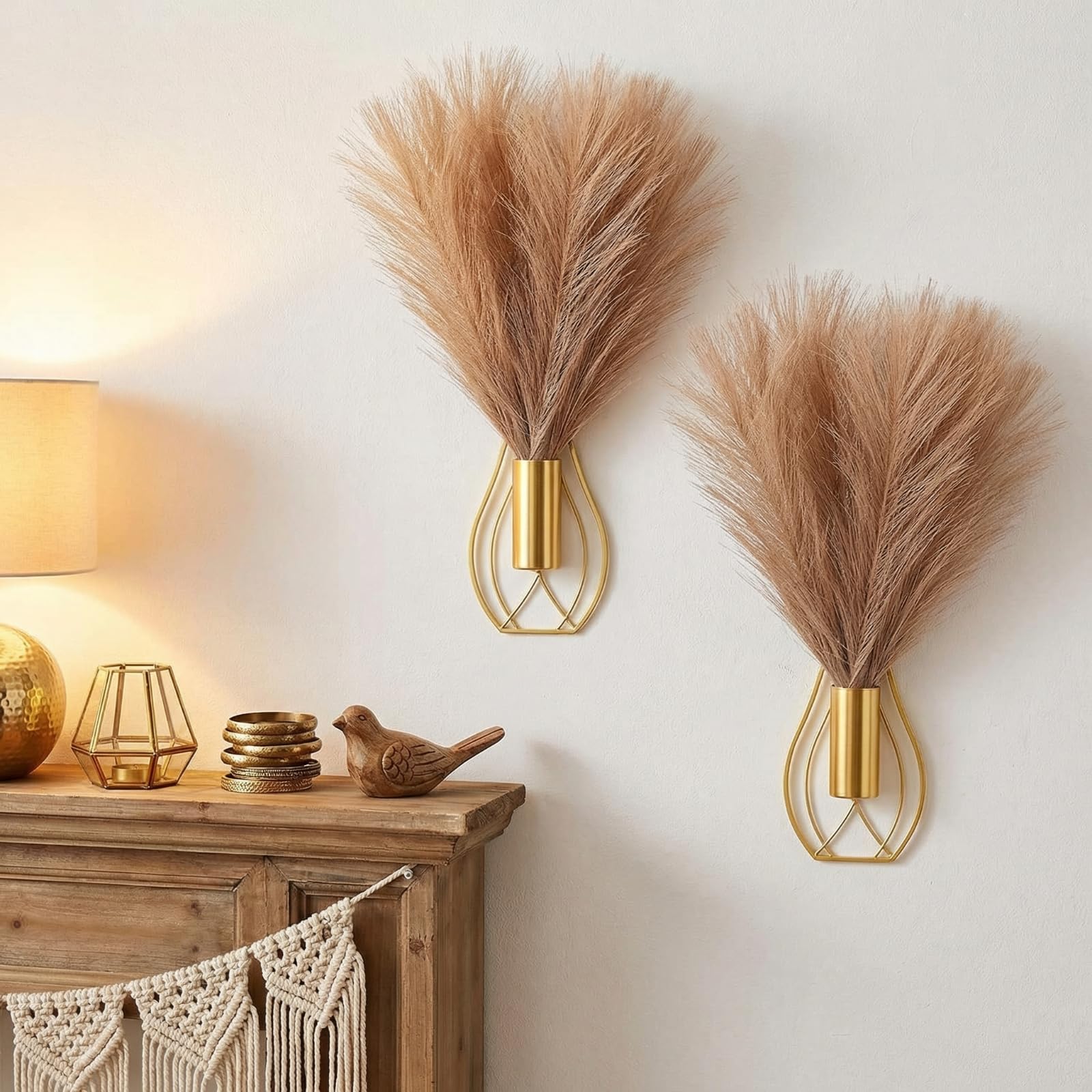Otoolling 2 Pieces Hanging Plant Wall Decor with Artificial Pampas Grass Metal Hanging Vase Modern Geometric Farmhouse Bohemian Wall Art for Living Room Bedroom Kitchen Office(Gold, Light Brown)