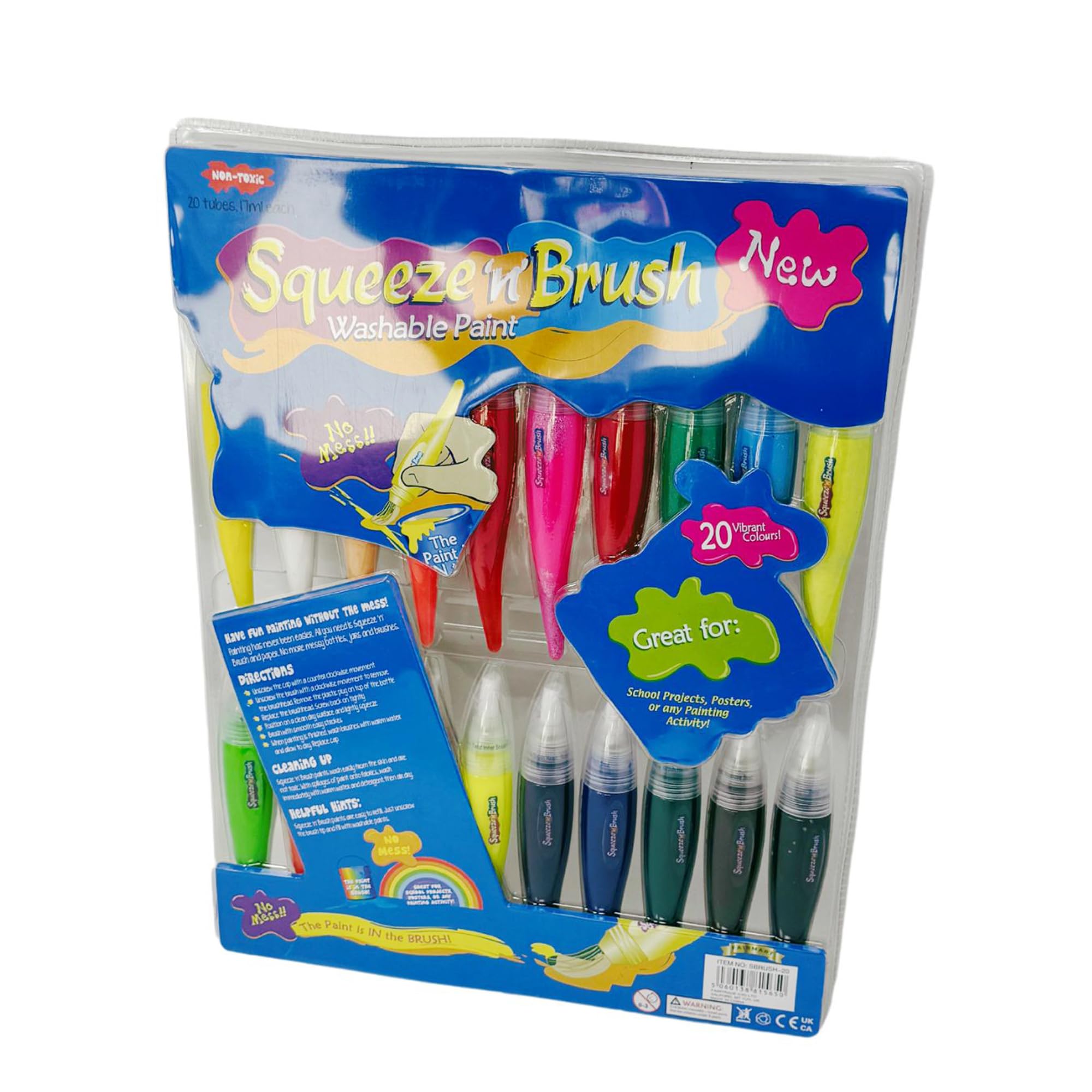 Squeeze 'N Brush Lot de 20 peintures lavables à pointe pinceau pour enfants - Pinceaux compressibles pour tout-petits et adolescents (mélange de couleurs)
