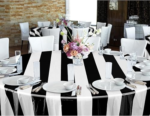 Miniatura 8 de Tatuo 3 manteles redondos de circo en blanco y negro de 84 pulgadas, manteles de circo de carnaval, a rayas, desechables, de plástico, para fiestas