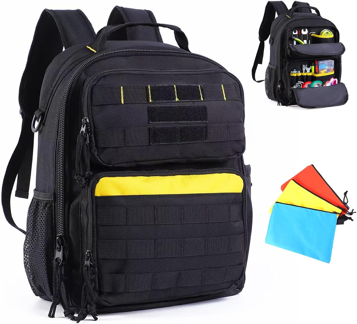 Jobsite Backpack, Heavy Duty Tool Bag with 3 Tool Pouches, Tactical Work Tool Backpack for Electrician, Plumber, HVAC, Cable Repairman, Black