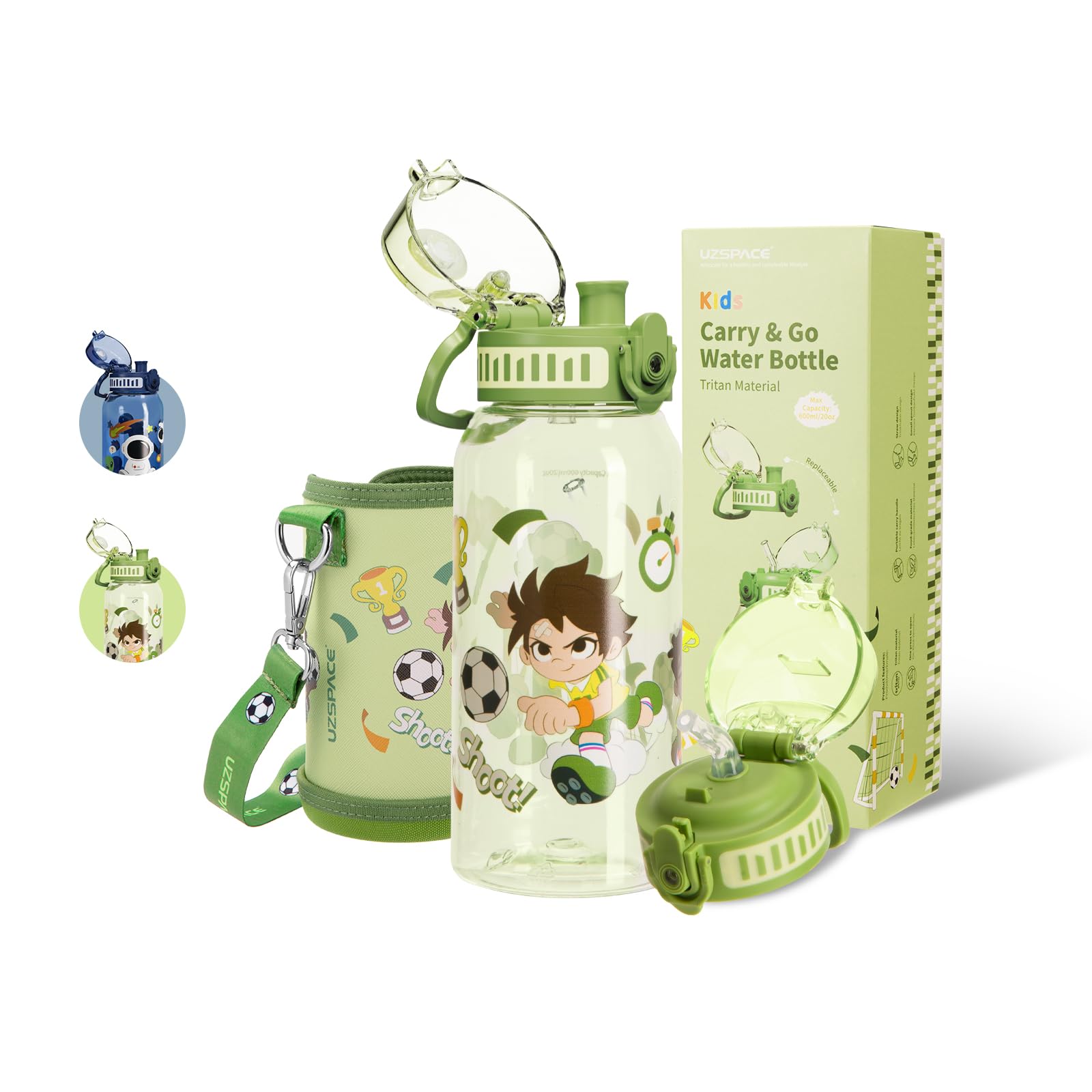 UZSPACE Kids Water Bottle with 2 Different Lids - 600ml Tritan Sports Bottle with Straw - Leakproof, BPA-Free, Includes Bottle Sleeve for Boys and Girls, Green Football