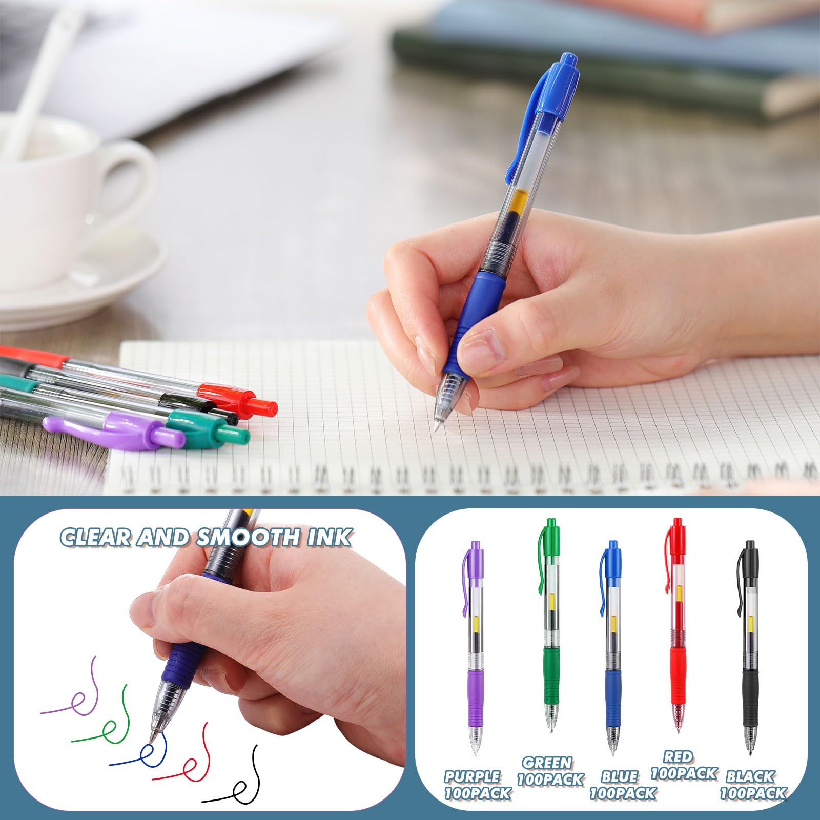 Jetec Confezione da 500 penne a sfera in gel di alta qualità, punta fine 0,7 mm, retrattili, con inchiostro gel, per scrivere diari, prendere appunti, scuola e ufficio (nero, blu, rosso, verde, viola)