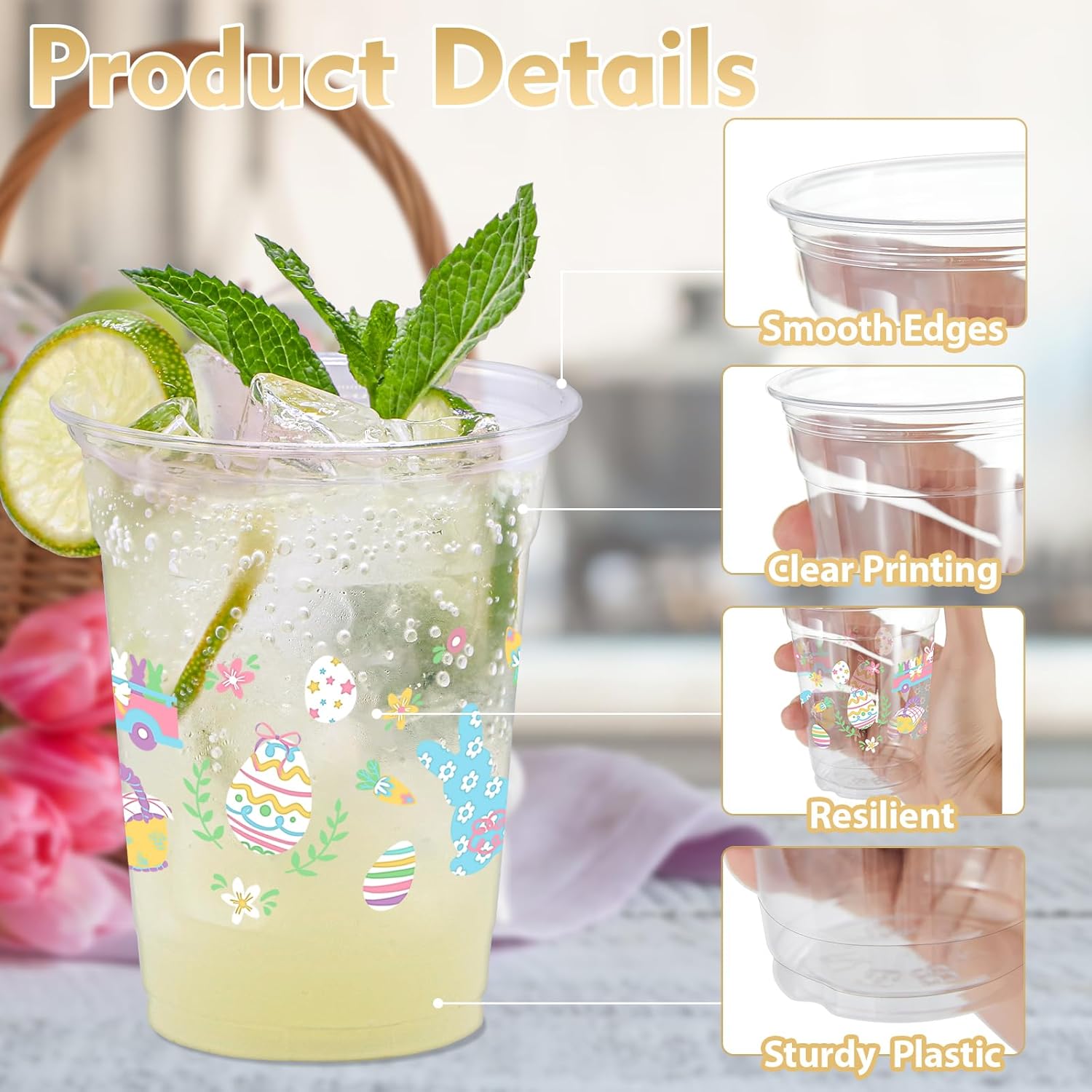 100 Pcs Easter Rabbit Plastic Drinking Cups, 12 oz Clear Disposable Party Cups for Easter, Spring, Birthday Parties