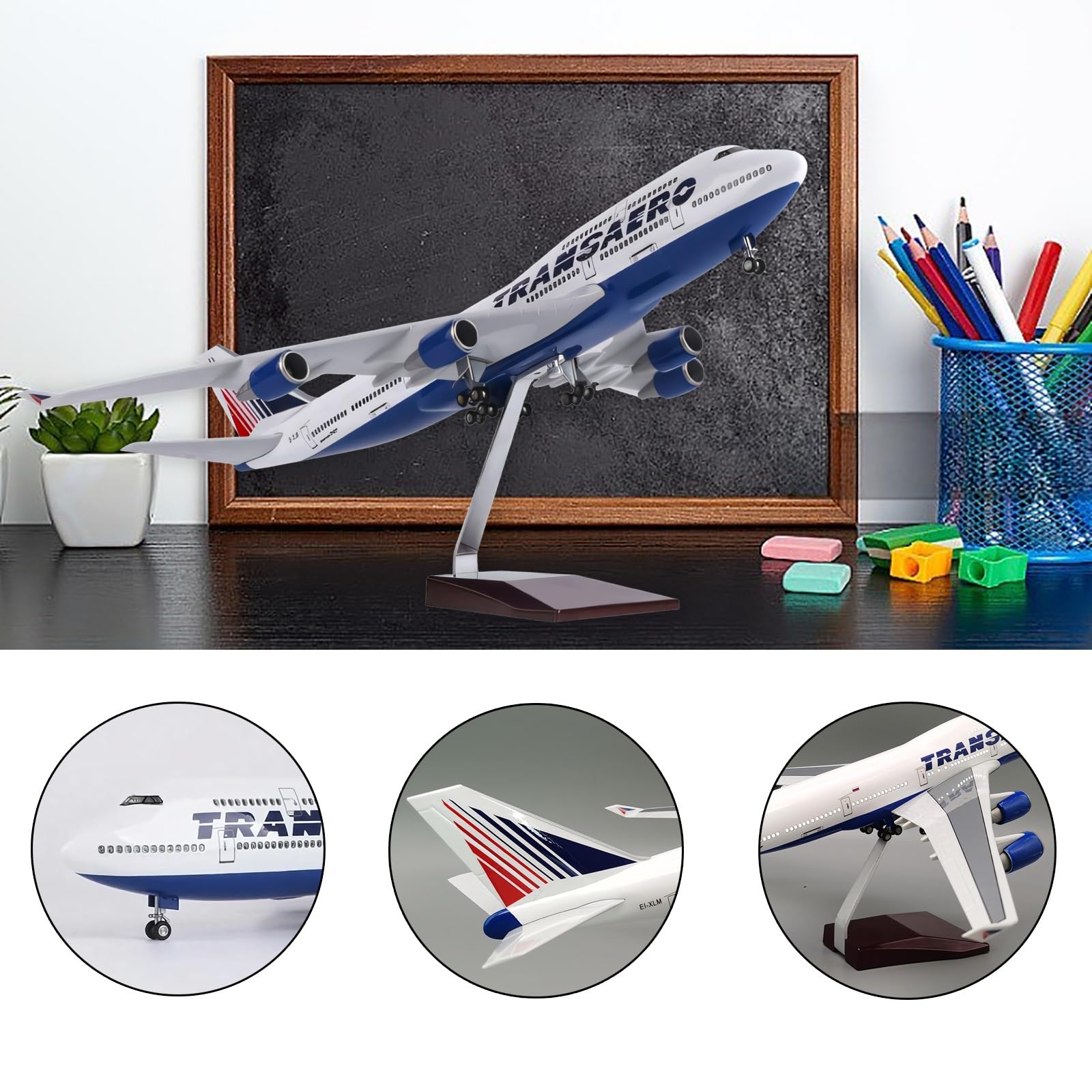 47CM 1:150 Russia Transaero Airlines B747 modello di aereo aereo macchina for pressofusione con luce e carrello di atterraggio ruote for appassionati aviazione, arredamento(With light)