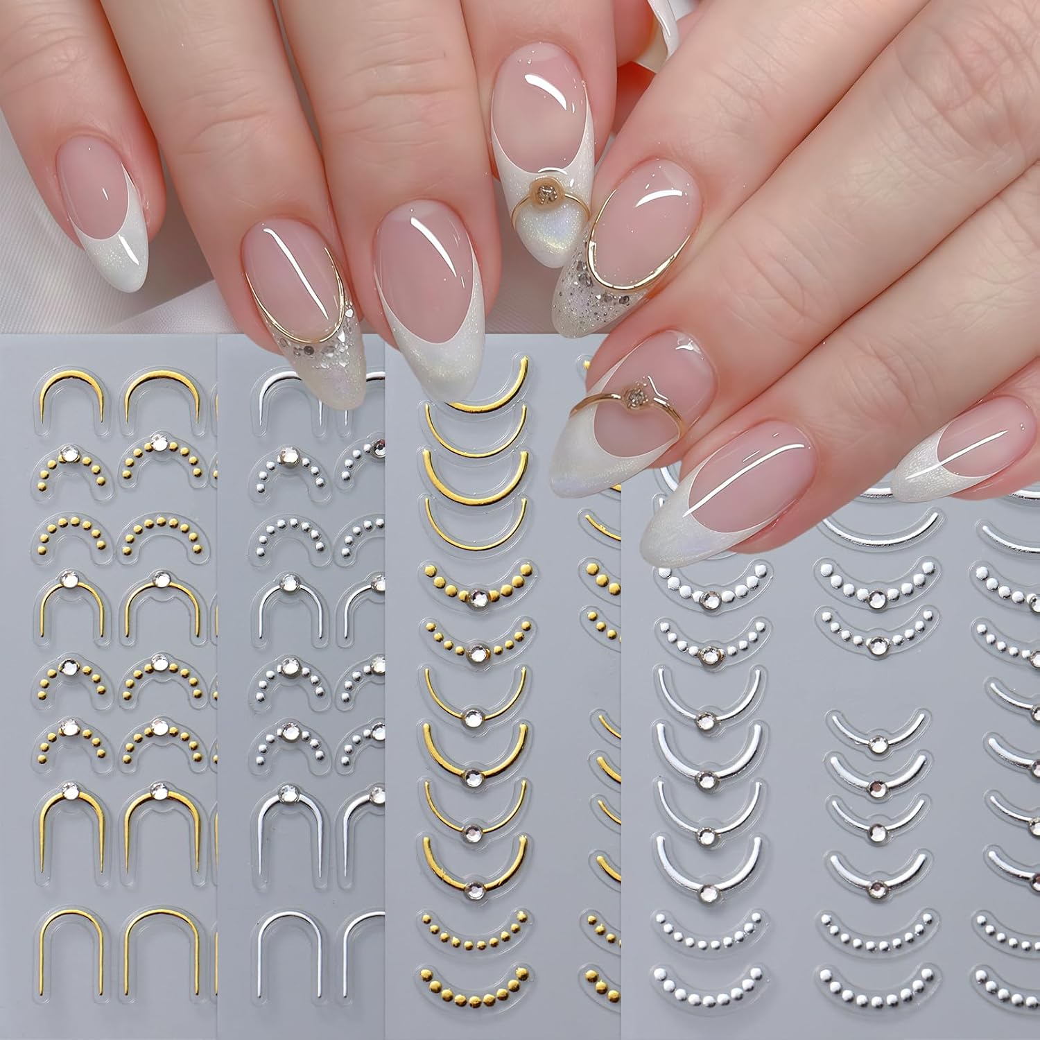 4 Pcs French Line Nail Art Stickers Decals 5D Embossed Gold Sliver Lines Nail Art Stickers French Tip Nail Decals with Rhinestone French Stripes Wave Y2K French Curve Manicure Sticker for Nail Decor