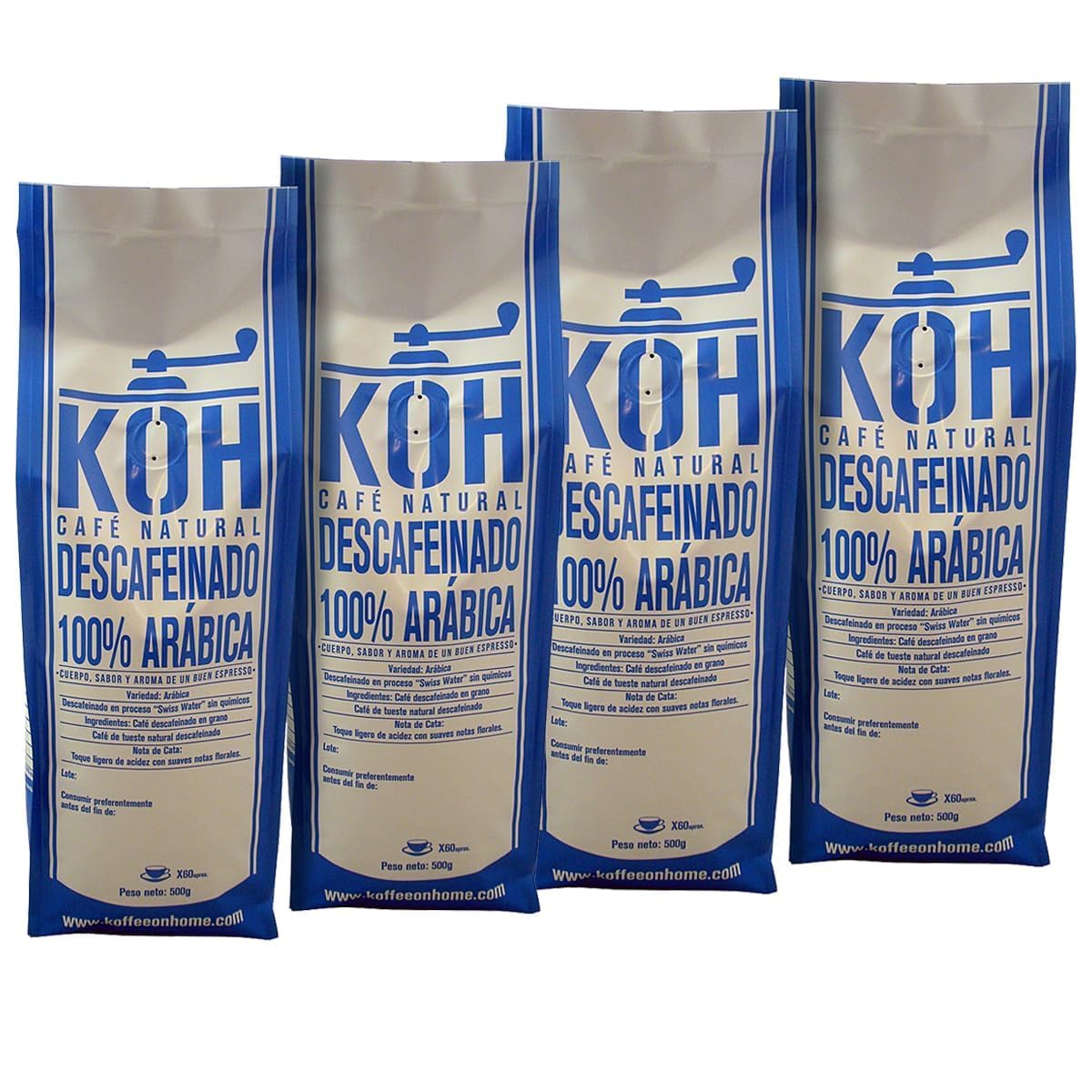 KoffeeONHOME Café décaféiné Arabica en grains Torréfaction naturelle 4 paquets de 500 gr 2 kg