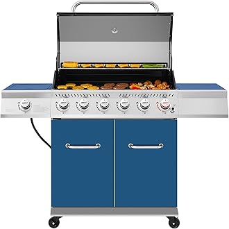 GA6402B 6 Burner Propane Gas Grill with Side Burner and Warming Rack, 74,000 BTUs, Cabinet Style Gas BBQ Grill for Barbecue Grilling & Backyard Cooking, Blue