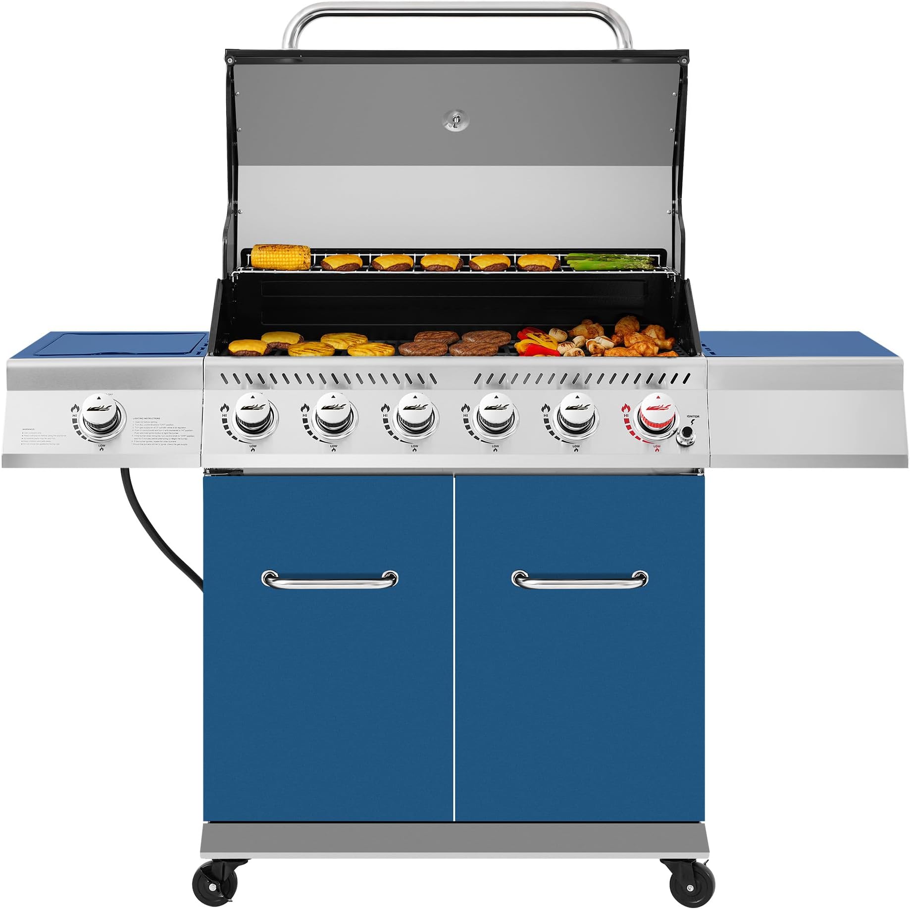 Royal Gourmet GA6402B 6 Burner Propane Gas Grill with Side Burner and Warming Rack, 74,000 BTUs, Cabinet Style Gas BBQ Grill for Barbecue Grilling & Backyard Cooking, Blue