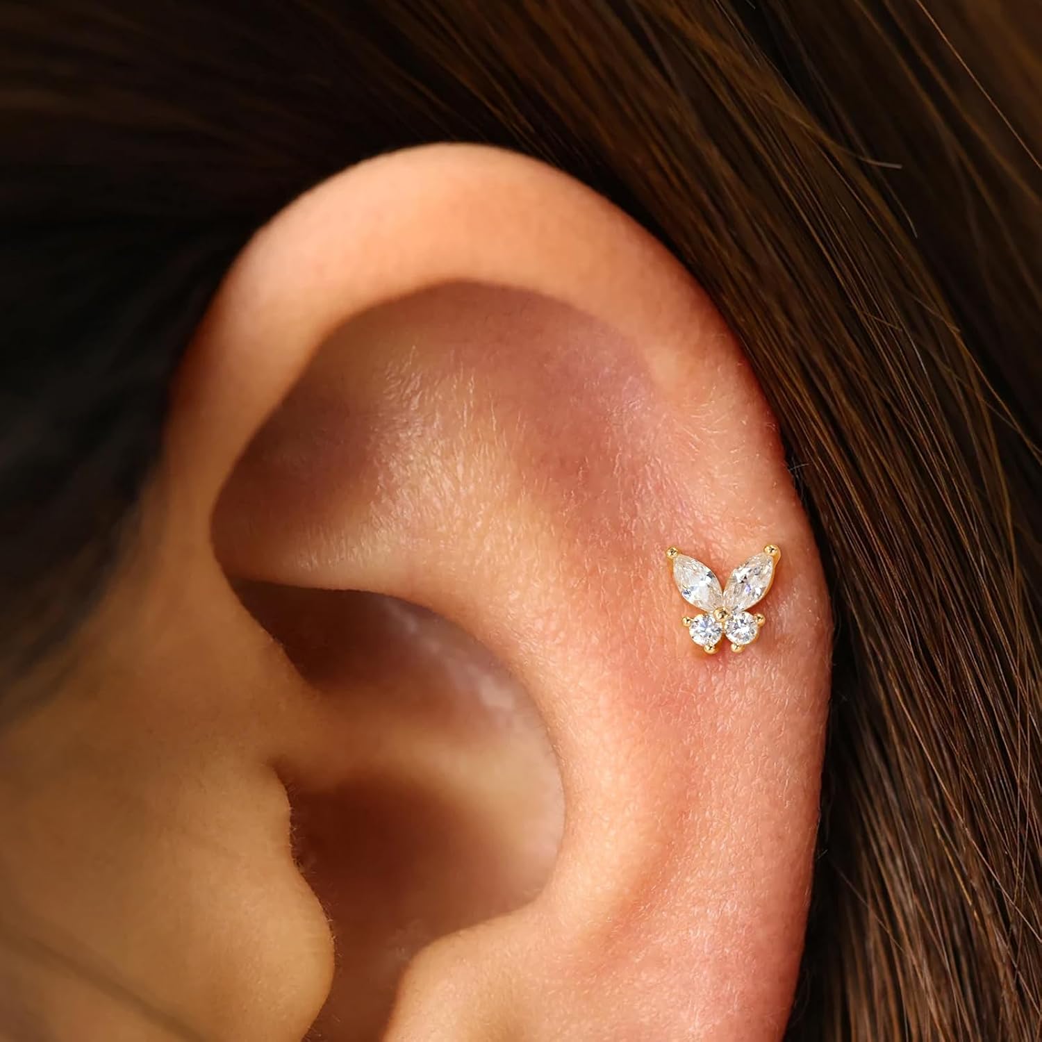 1Pcs 14K Yellow/White Gold Cartilage Earring for Women, 16G Threadless Flat Back Top Push in, Butterfly Tragus Helix Labret Lip Stud Piercing Jewelry