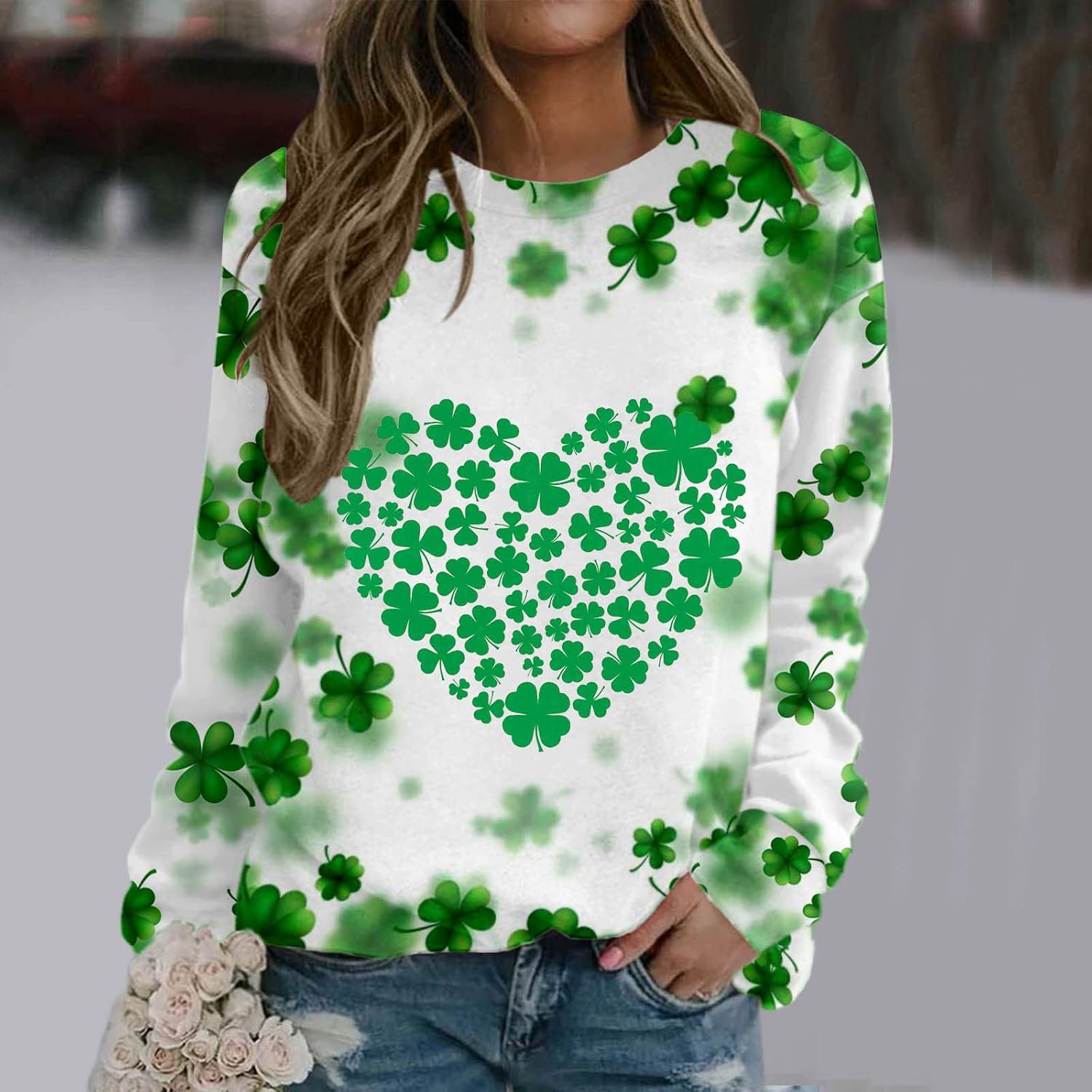 Lucky Clover Print St Patricks Day Shirt Blouse Long Sleeve Loose Fitted Tops Women's Crew Neck Sweatshirt Pullover : Sports & Outdoors