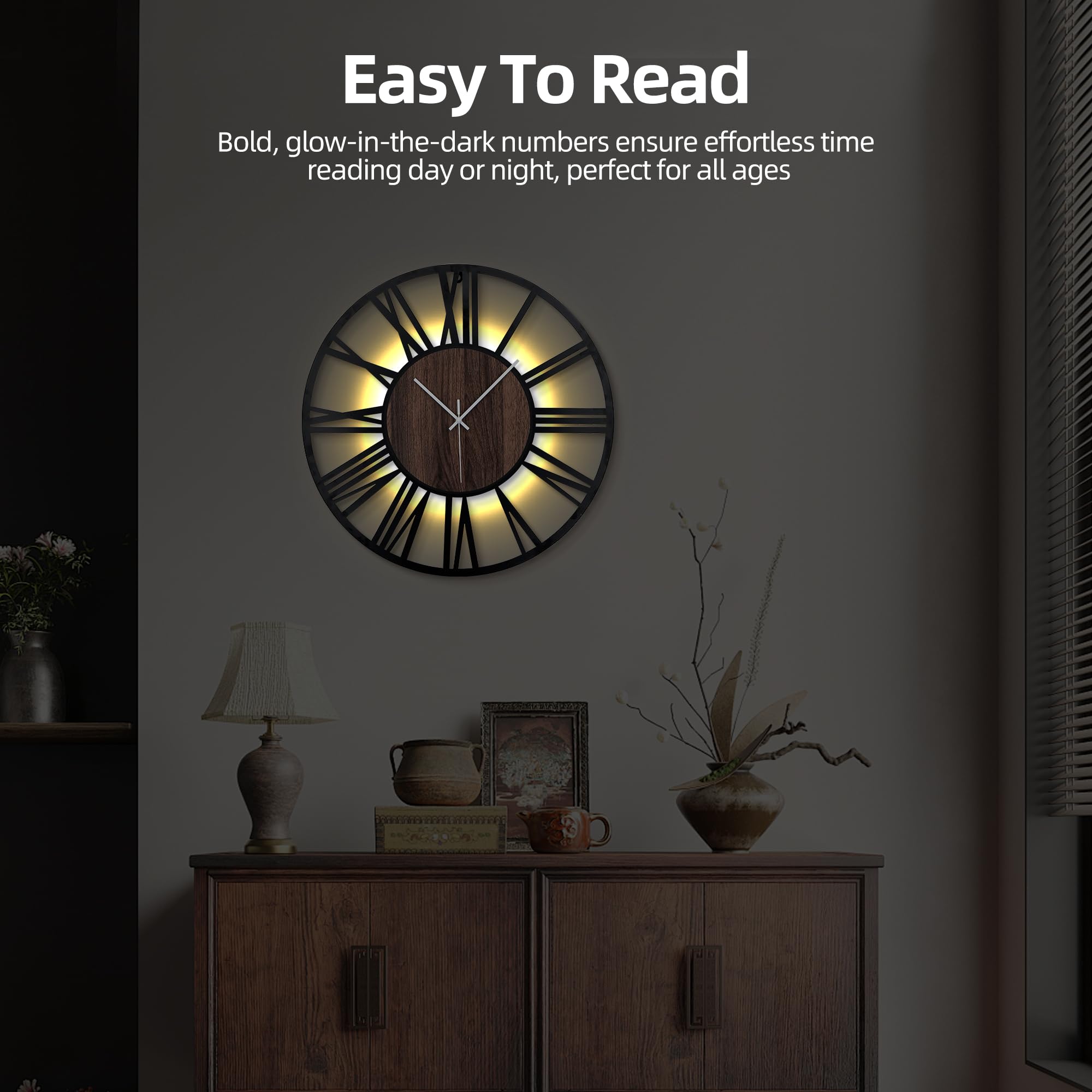 Reloj de Pared Moderno con Luz Nocturna – Reloj Silencioso de 50 cm a Pilas, LED Auto en la Oscuridad, Sin Tic TAC, Estilo Madera, para Salón, Dormitorio, Cocina