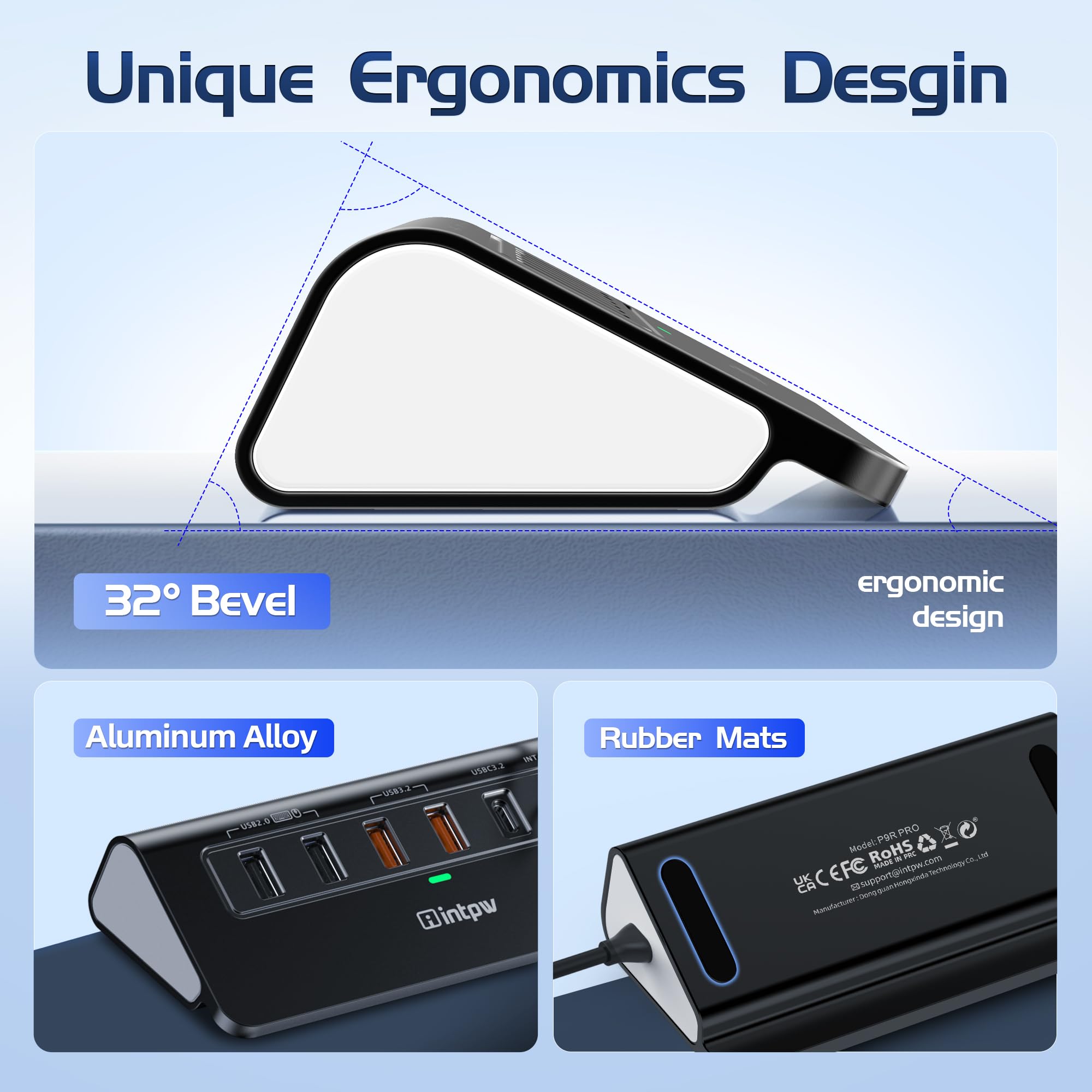 Intpw USB C Hub, 10-in-1 USB C Docking Station mit 1Gbps Ethernet,1M Kabel， 4K@60Hz HDMI, 10Gbps 2 Type-A/C 3.2, 2 Type-A 2.0, PD 100W, SD/TF, Aluminium USB HUB für Windows/MacBook