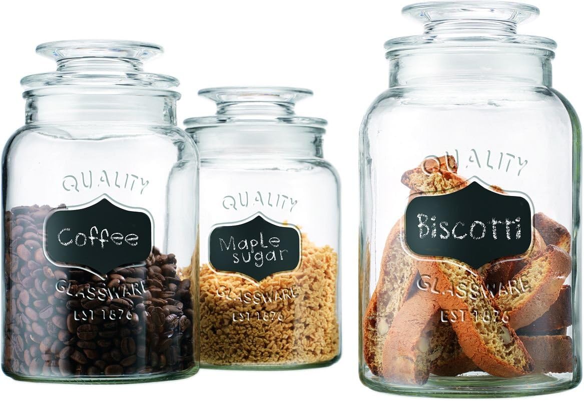Set of 3 Clear Glass Round Chalkboard Canister Jars with Tight Lids for Kitchen or Bathroom ~ Food Storage Containers