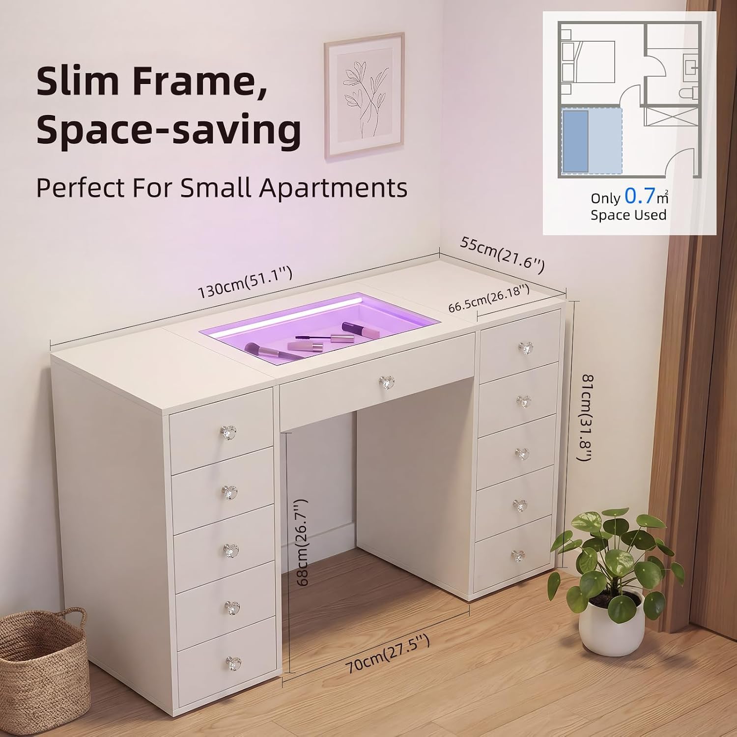 FENCHILIN Schminktisch mit RGB Beleuchtung und und Spiegel 80 x 58 cm | Schminktisch mit Hollywood Spiegel 18 LEDs transparenter Glasplatte aus gehärtetem Glas 11 Schubladen und viel Stauraum