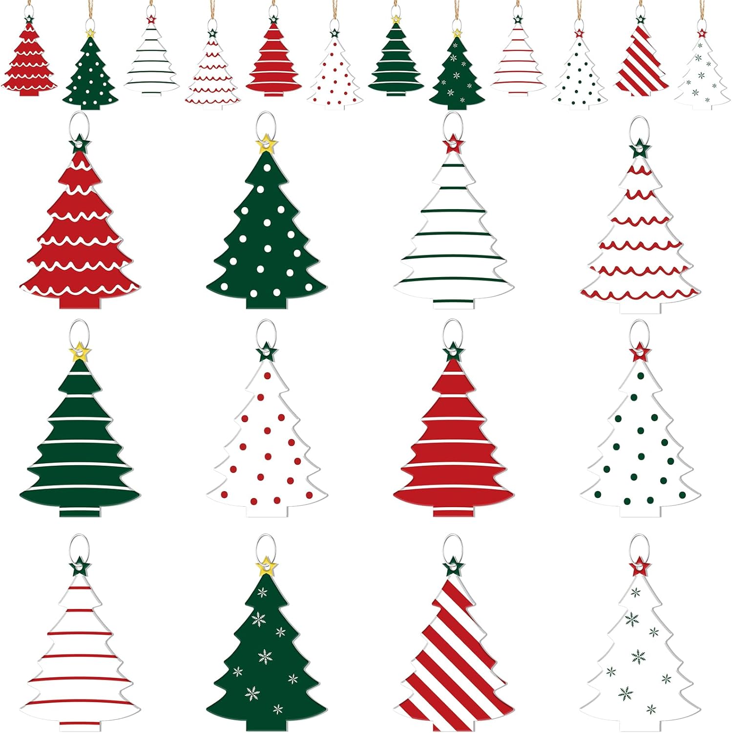 Therwen 12 Pcs Christmas Tree Ornaments Set Metal Red Green White Christmas Tree Shape Rustic Farmhouse Vintage Xmas Ornaments Hanging Decorations with Stripes and Polka Dots - Image 9