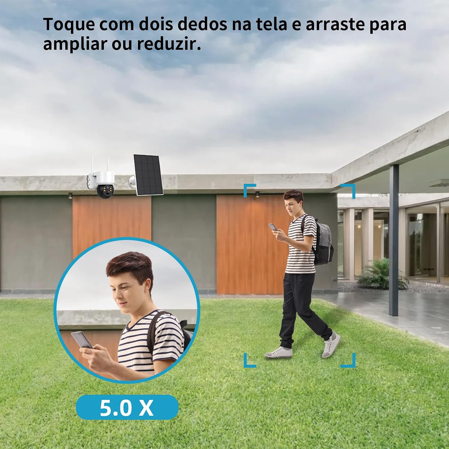 Camera de Segurança Wifi, Câmera de Segurança Externa Solar, Bateria Recarregável, Placa Solar 5W, Detecção Humana PIR, Visão Noturna, Áudio Bidirecional, IP66, Armazenamento em Nuvem/microSD, 2MP