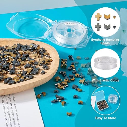 Miniatura 2 de Pandahall - 442 cuentas de hematita natural de 0.118 pulgadas (0.118 in), cuentas redondas sueltas con dije de cruz de hematita con cordón elástico