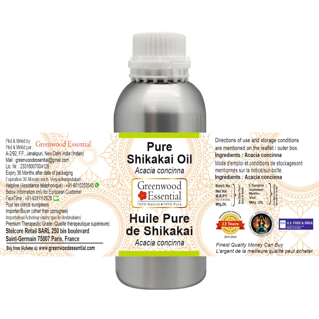 Greenwood Essential Pure Shikakai oil (Acacia concinna) Natural Therapeutic Grade 300ml (10 oz)
