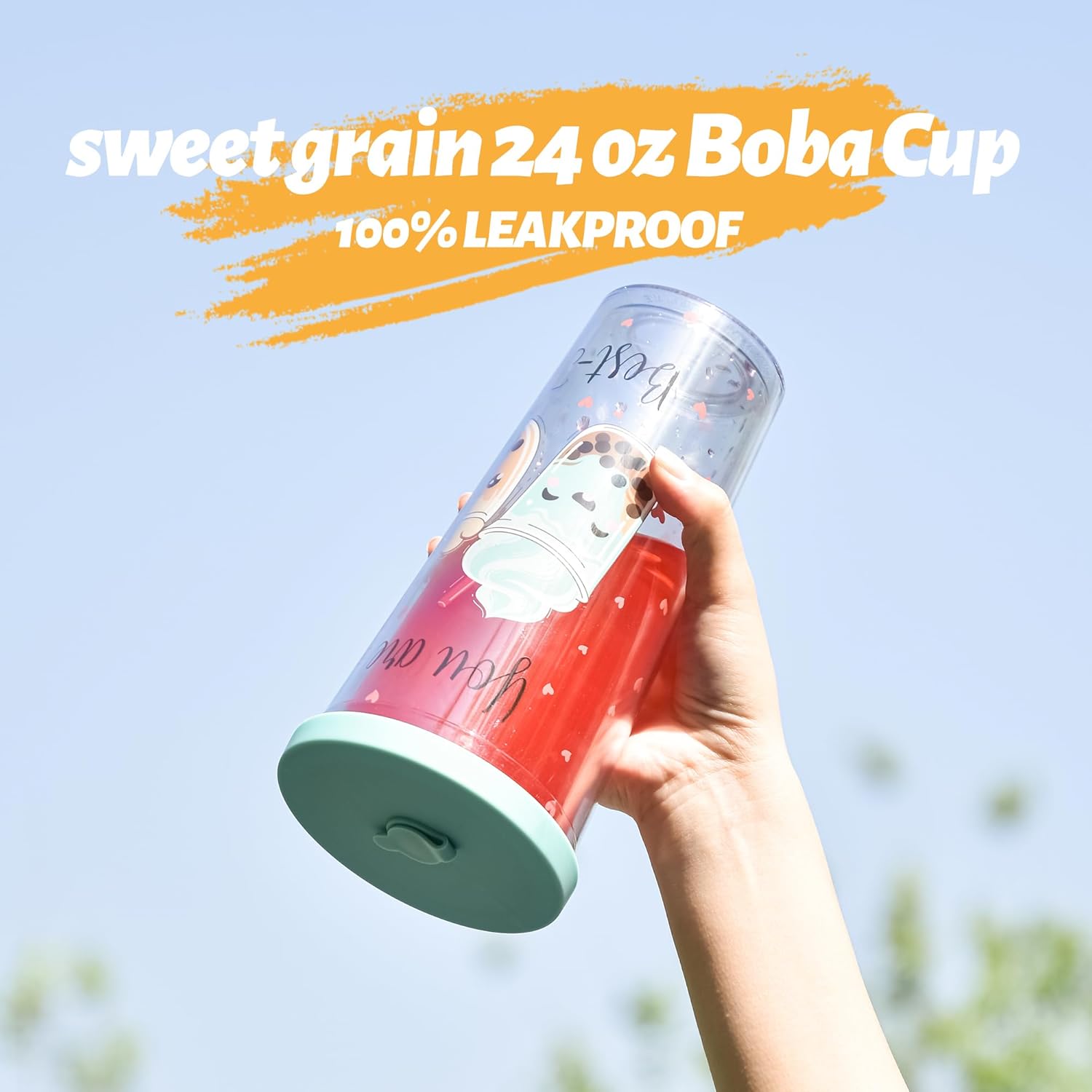 sweet grain Reuasble Boba Cup, 24 oz 100% Leak Proof and Double Wall Insulated Iced Coffee Tumbler with Reusable Plastic Straws and Straw Cleaner(Sky Blue) - Image 2