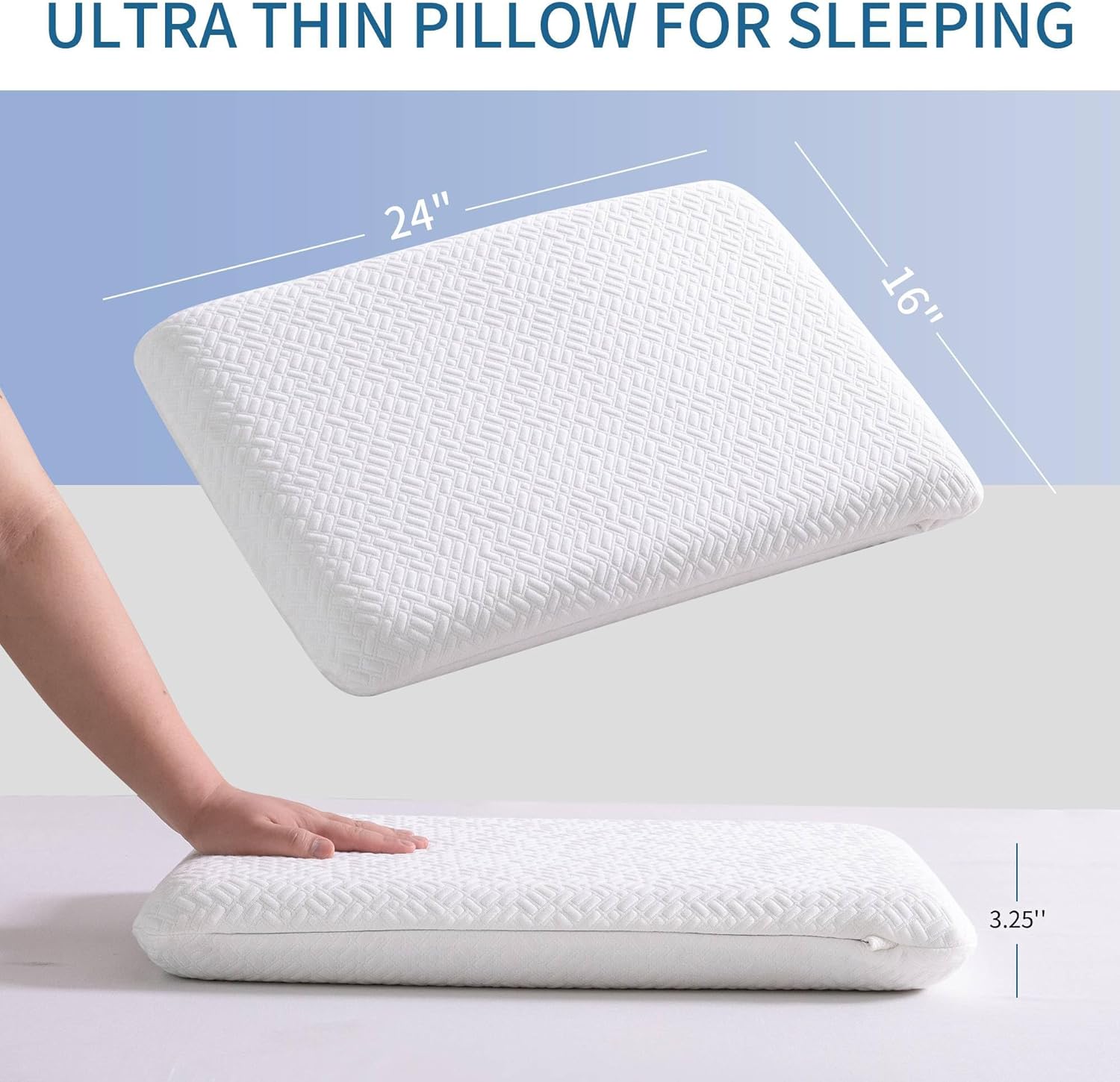 Ultra Thin, Flat Pillow for Sleeping 3.25 Inch Height, Thin Memory Foam Pillow for Stomach Sleeper, Slim Bed Pillow for Side and Back Sleepers, Standard Size