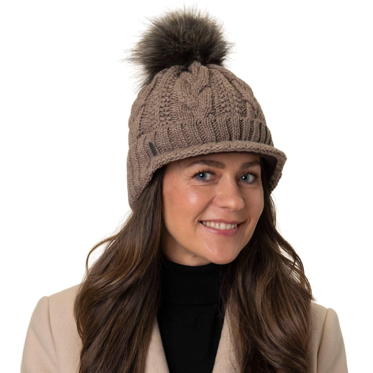 Bonnet Cable Knit Britta Femme - Made in Italy pour l'hiver en Tricot a Pompon avec Visiere, Doublure, Doublure Hiver Automne-Hiver