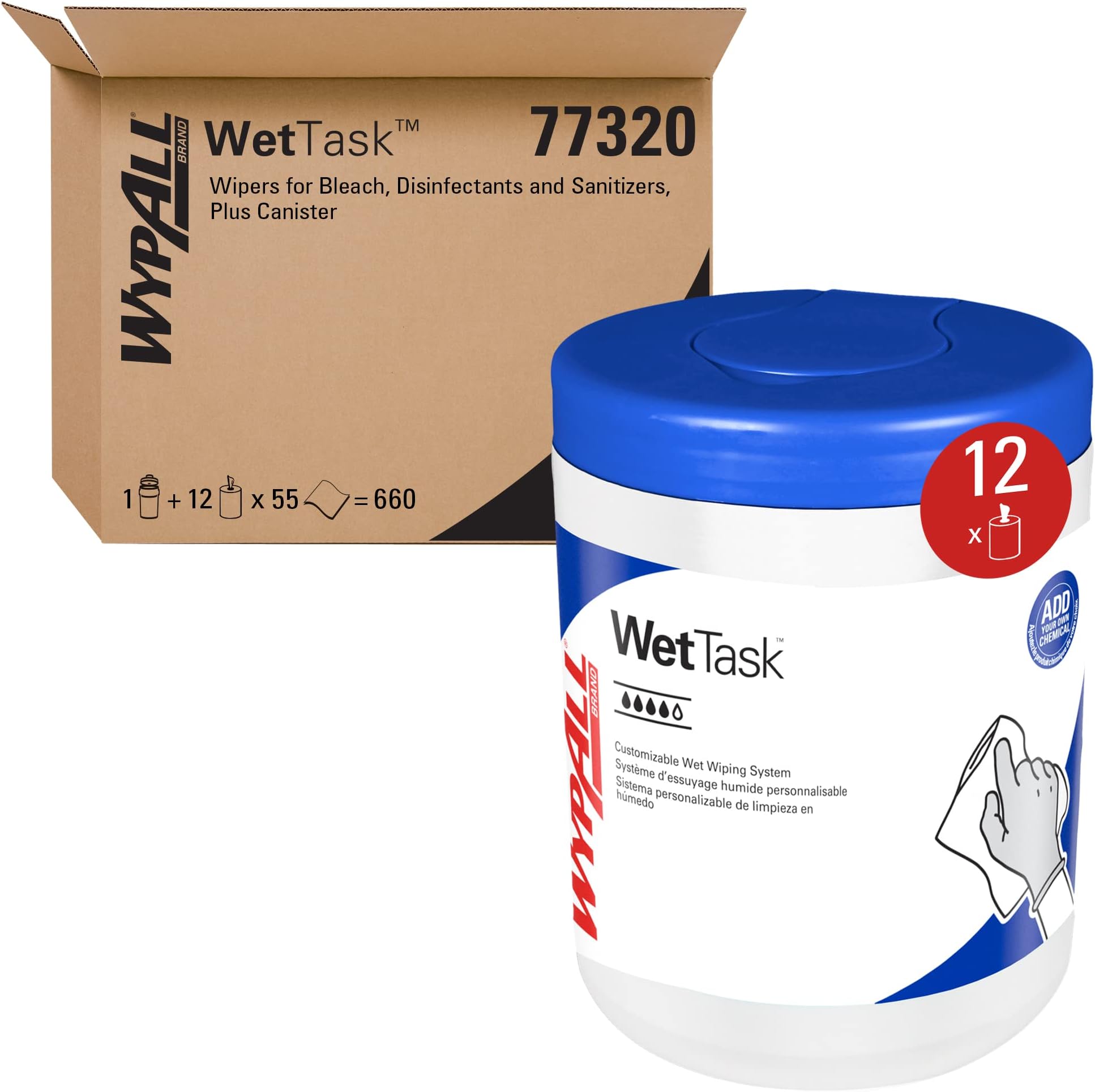 WypAll Critical Clean Wipers for Bleach, Disinfectants, and Sanitizers, WetTask Customizable Wet Wiping System (77320), 55 Sheets/Roll, 12 Rolls/Case, 660 Sheets/Case with Canister Included