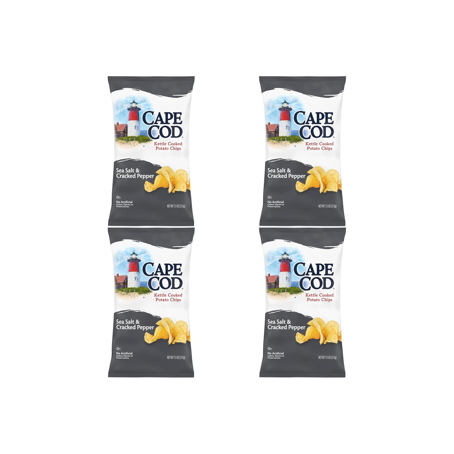 Cape Cod Potato Chips Sea Salt and Cracked Pepper Kettle Chips, 7.5 Oz (Pack of 4)