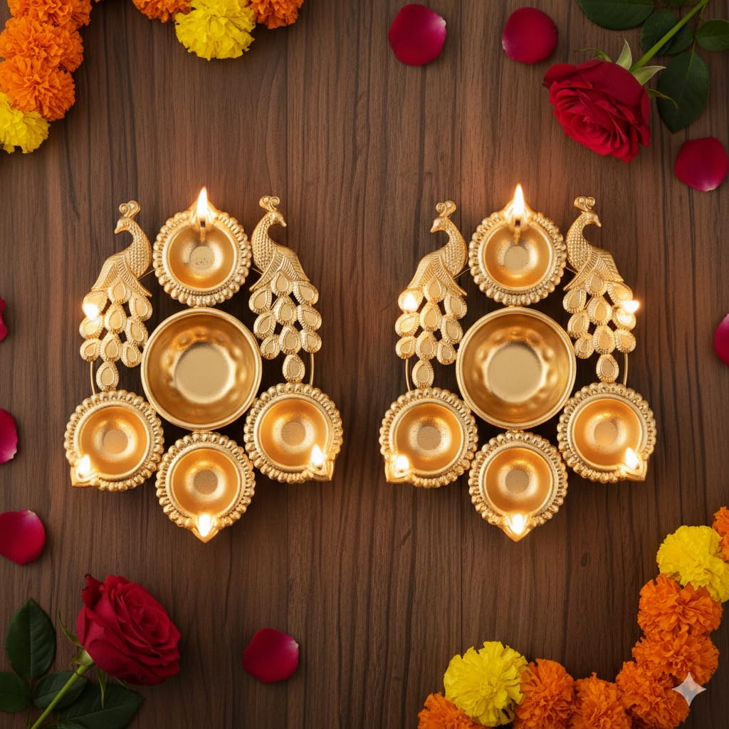 AYLA World Peacock Urli Bowl with Diya (Pack of 2), Metal Gold Finish for Floating Flowers, Diwali Decoration, Home Temple Decor, Return Gift for Thambulam, Navratri, Sumangali Pooja-image-11