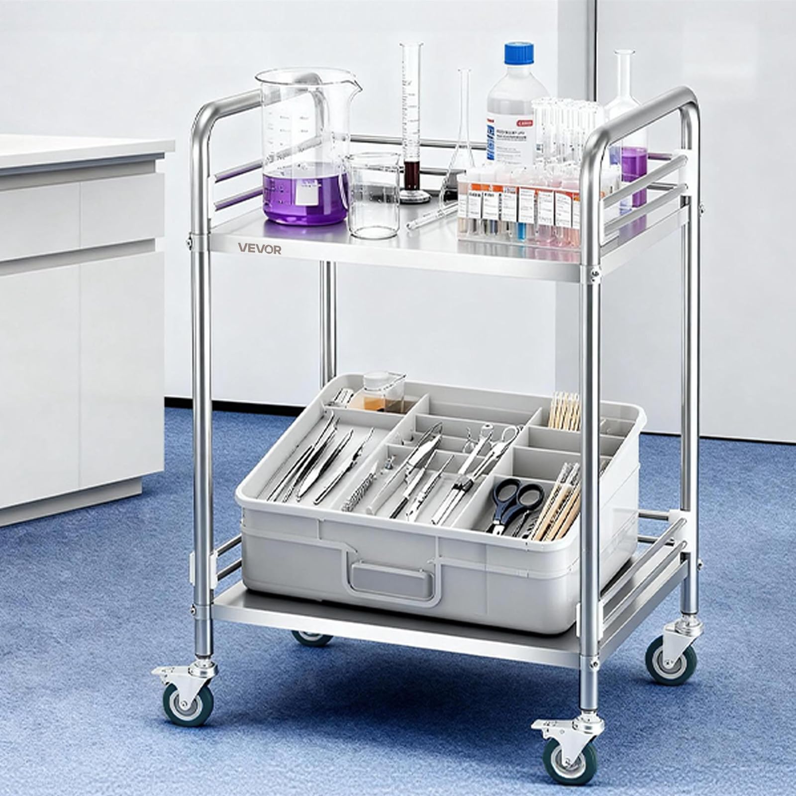 VEVOR Chariot de Service Utilitaire à 2 Niveaux, Desserte en INOX avec Roues Verrouillables, pour Soins Médicaux Hôpital Clinique Restaurant Cuisine et Salon de Coiffure, Chariot de Laboratoire