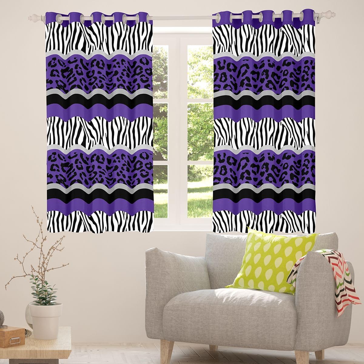 Leopard Curtains Zebra Stripes Window Drapes for Kids Boys Girls Purple Black White Zebra Leopard Fur Window Curtains for Bedroom Decor Safari Animal Hair Window Treatments,38x45 Inches,2 Panels