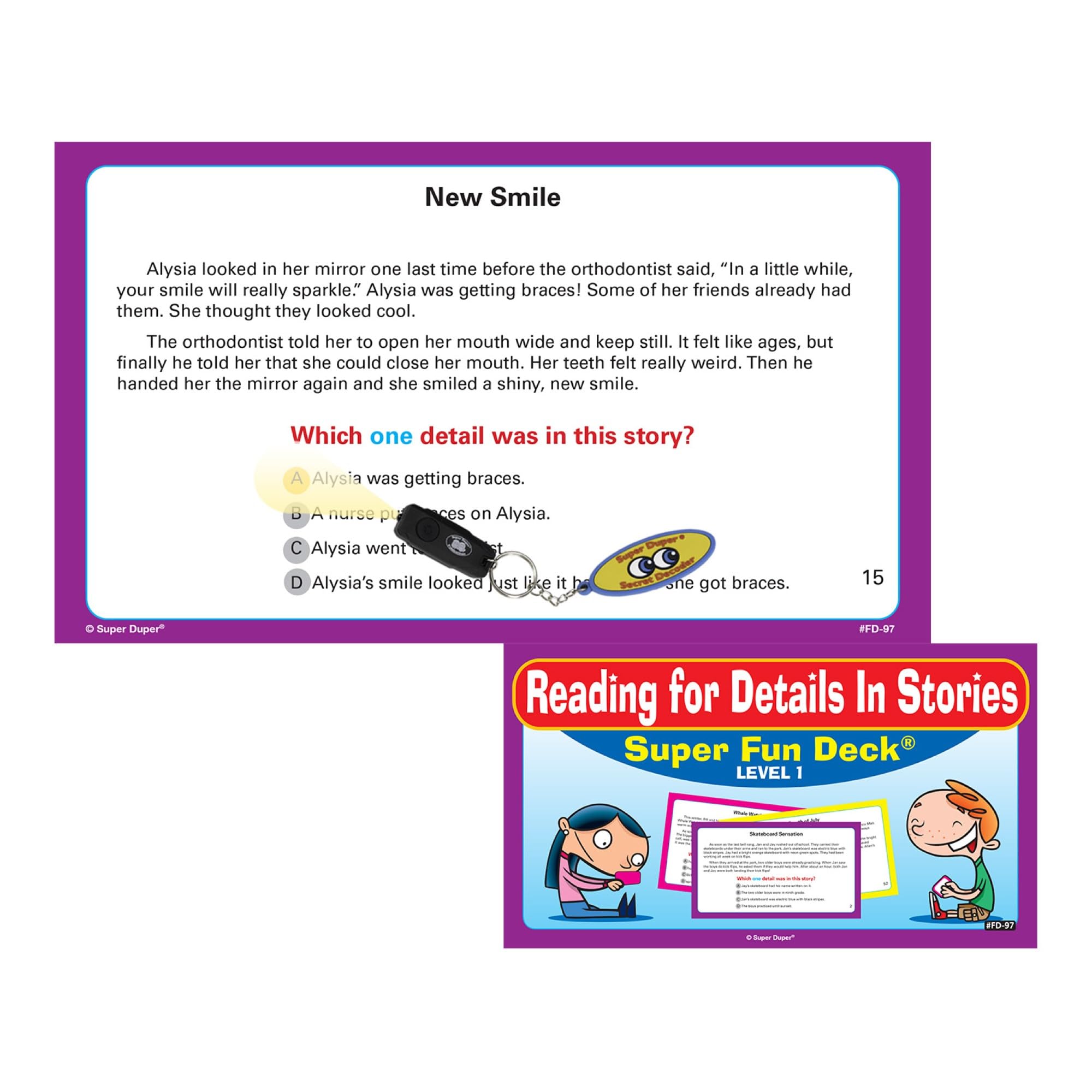Super Duper Publications | Lecture pour plus de détails dans les histoires Cartes flash amusantes avec décodeur secret | Ressource d'apprentissage éducative pour les enfants