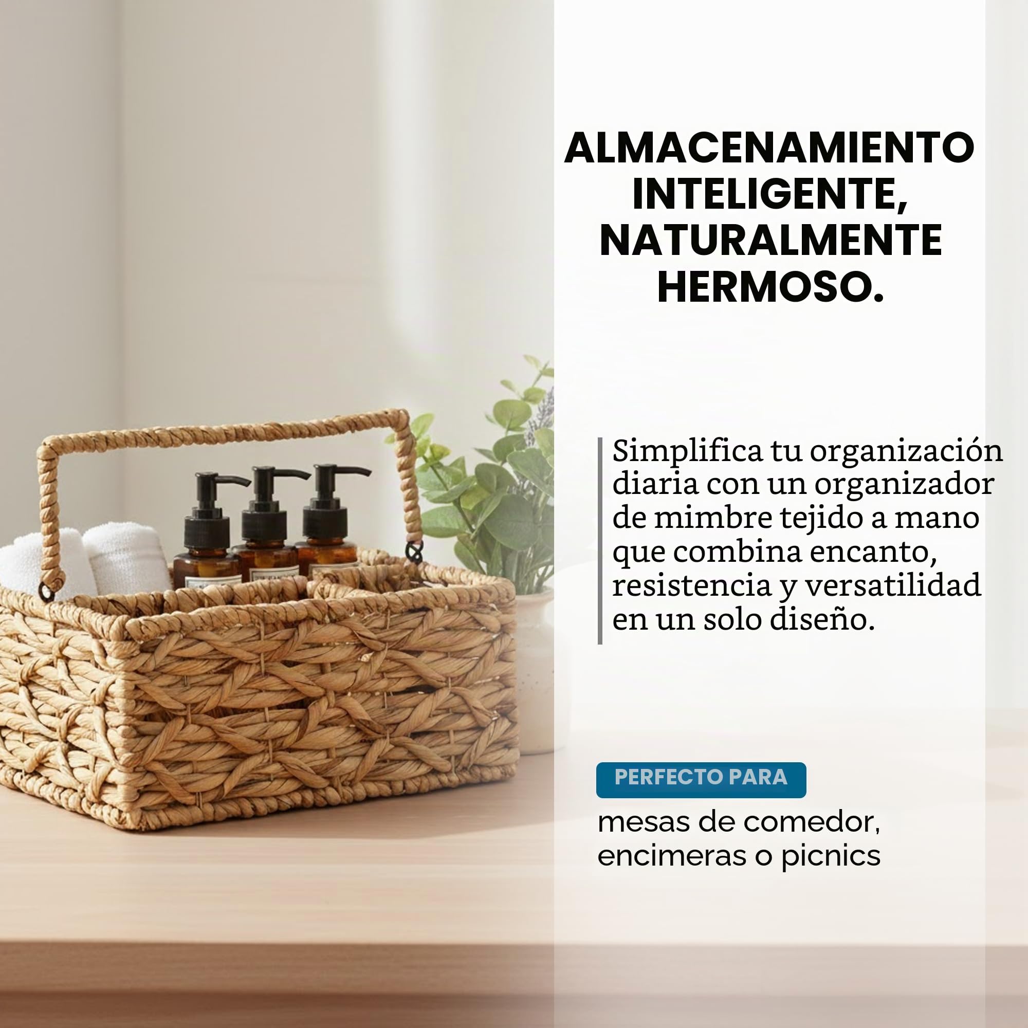 Honey-Can-Do - Cesta de mimbre multiusos de 3 compartimentos con asa, natural mediana, STO-09844