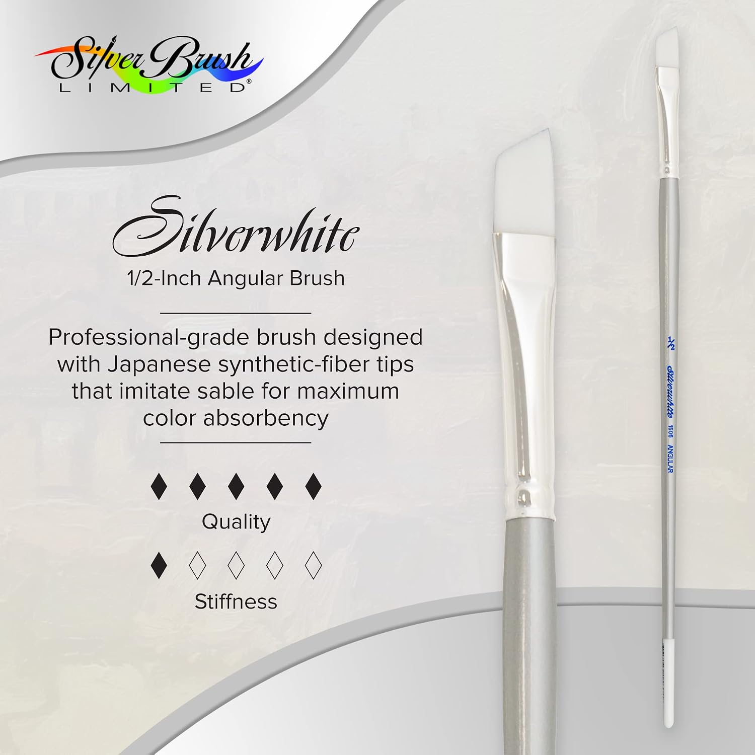 Silver Brush 1506-012 Silverwhite Long Handle White Taklon Brush, Angular, 1/2-Inch