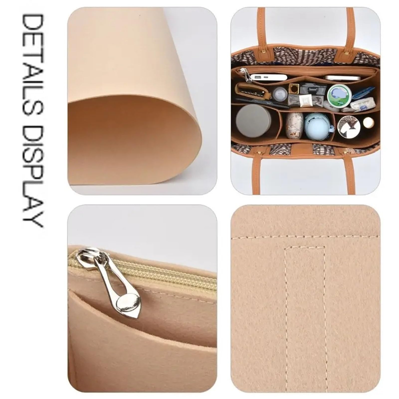 2 Stück Filz-Taschen-Organizer-Einsatz, Filz-Einsatz, Liner, Geldbörse, Organizer, Tasche, Handtasche, Tragetasche, Innentasche für Handtaschen(Beige-3)