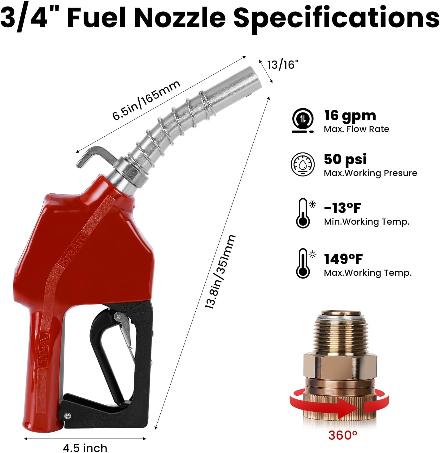 Automatic Fuel Nozzles 3/4", Auto Shut Off Fuel Transfer Nozzle with 360° Swivel Joint, Hook,13/16"(OD=20mm) Spout, 3-notch Hold Open Clip Max Flow 16 GPM Used for Diesel Petrol Gasoline Kerosene