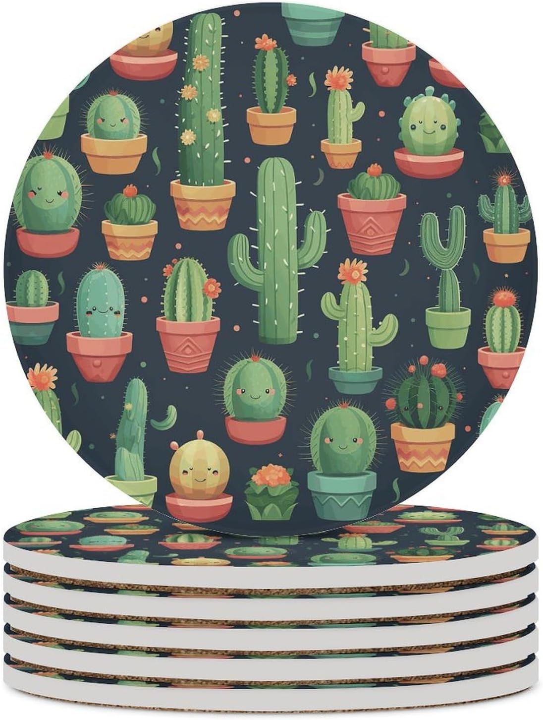 Cute Cactus Seamless Illustration Coaster with Cork Base Drink Coasters for Coffee Table Decor Modern Cup Coasters with Non-Slip & Heat-Resistant Cute Ceramic Table Coaster for Home Dining