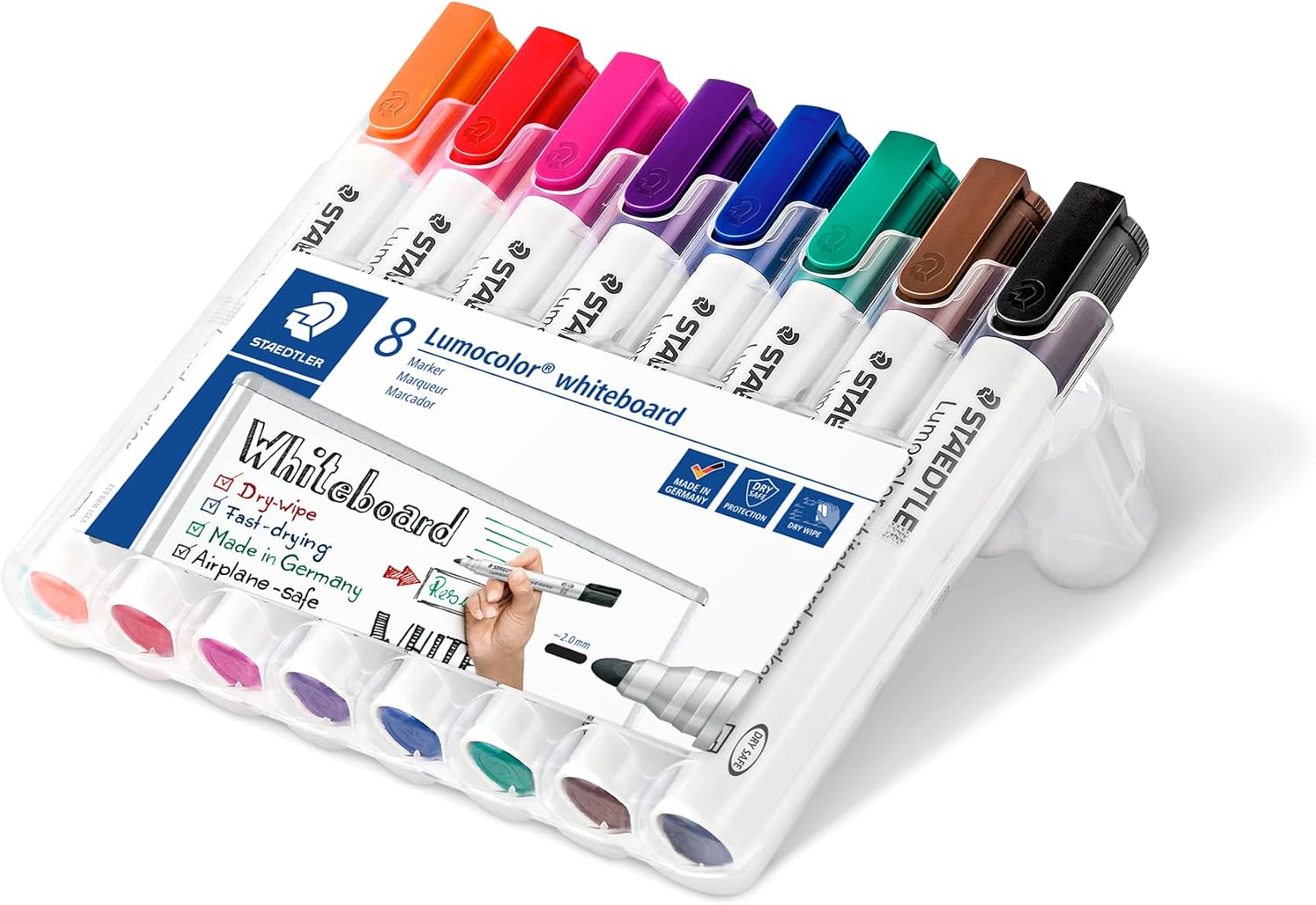 STAEDTLER Lumocolor 351 WP8 Whiteboard Marker Bullet Tip 2mm Stand Up Box with 8 Colours + Original Eraser - Image 3