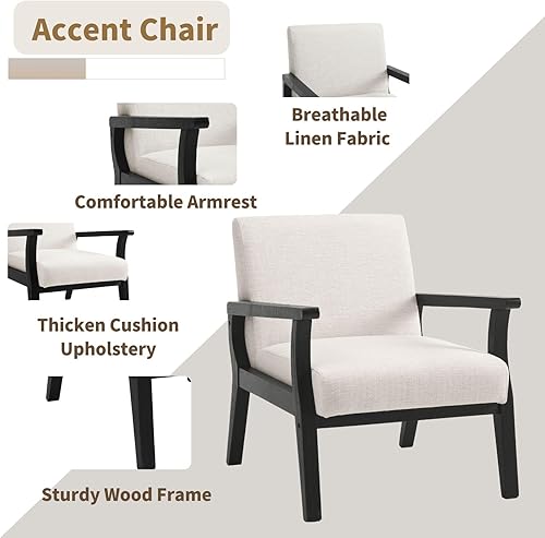 Miniatura 21 de HNY Sillón de mediados de siglo con marcos de madera, sillón tapizado de lino, para sala de estar, dormitorio, marfil Marco de madera dura natural