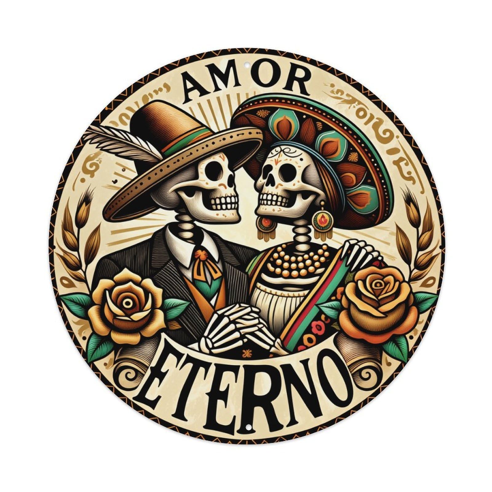 Day Of The Dead Art Round Tin Sign Vintage Metal Poster, Home Bar Garage Man Cave Cafe Indoor & Outdoor Wall Decoration 8x8Inches
