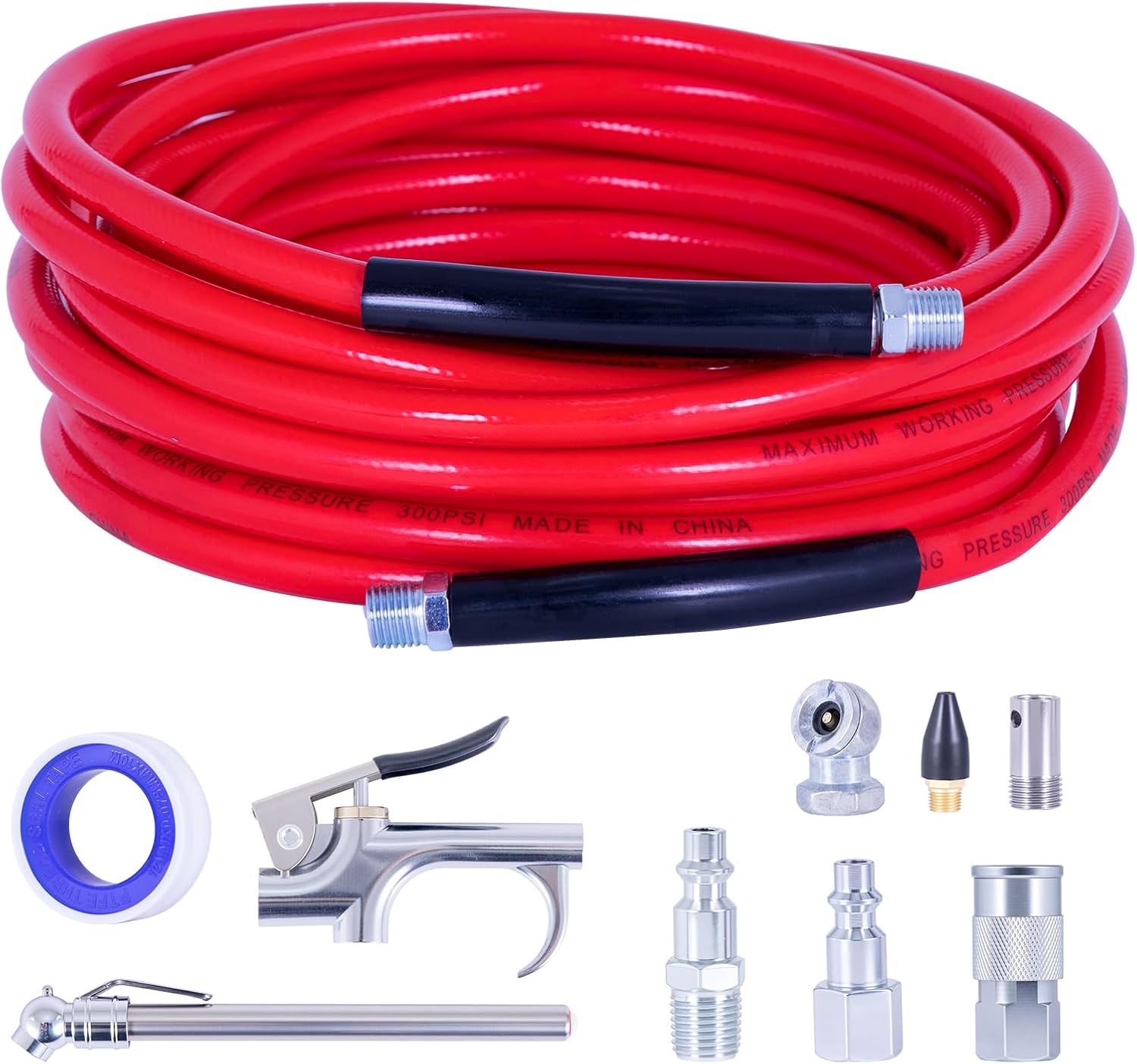 ECOMAX Air Compressor Accessories 10PCS, 1-1/4 Inch × 25FT Red PVC Hose, Includes Blow Gun, Fittings, Chuck, Tire Gauge