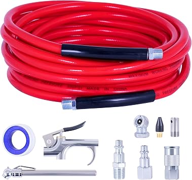 ECOMAX Air Compressor Accessories 10PCS, 1-1/4 Inch 25FT Red PVC Hose, Includes Blow Gun, Fittings, Chuck, Tire Gauge
